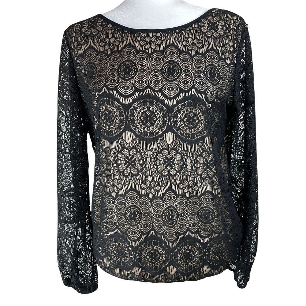 Max Studio Black Lace Long-Sleeve Sheer Blouse
